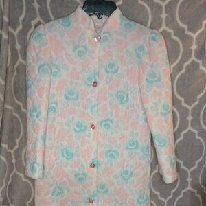 VTG KID DUDS Robe House Coat Retro Floral Pastel Pink/Blue/Purple Button Size 14